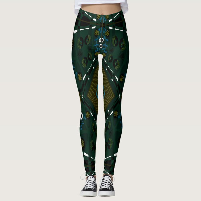 Bohemian Chintz Illustration Teal Olive Blue Leggings (Framsida)