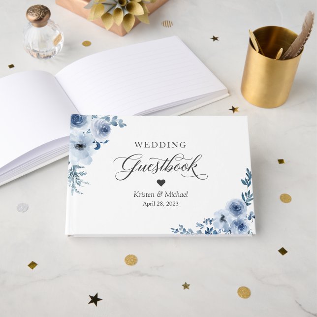 Bohemian Dusty Blue Blommigt Bröllop Gästböcker (Framsida öppen)