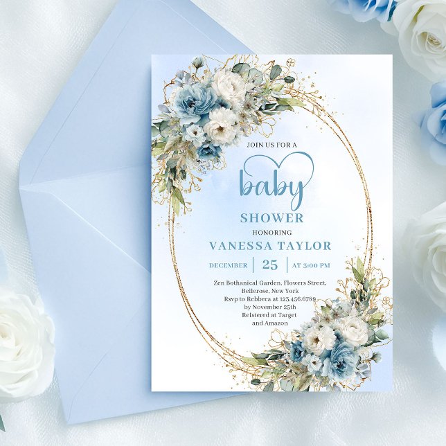 Bohemian Dusty Blue Floral Greenery Baby Shower  Inbjudningar (Bohemian Dusty Blue Floral Greenery Baby Shower Invite.)