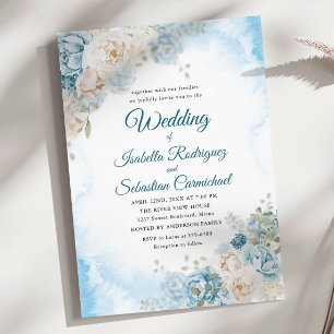 Bohemian Dusty Blue Ivory Ro Flowers Bröllop Inbjudningar