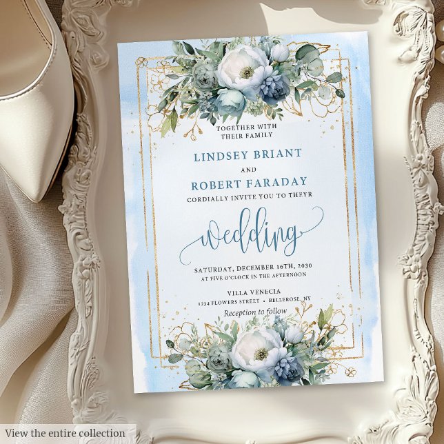 Bohemian Dusty Blue White Guld Peonies-inbjudan Inbjudningar (Bohemian Dusty Blue White Gold Peonies Invitation)