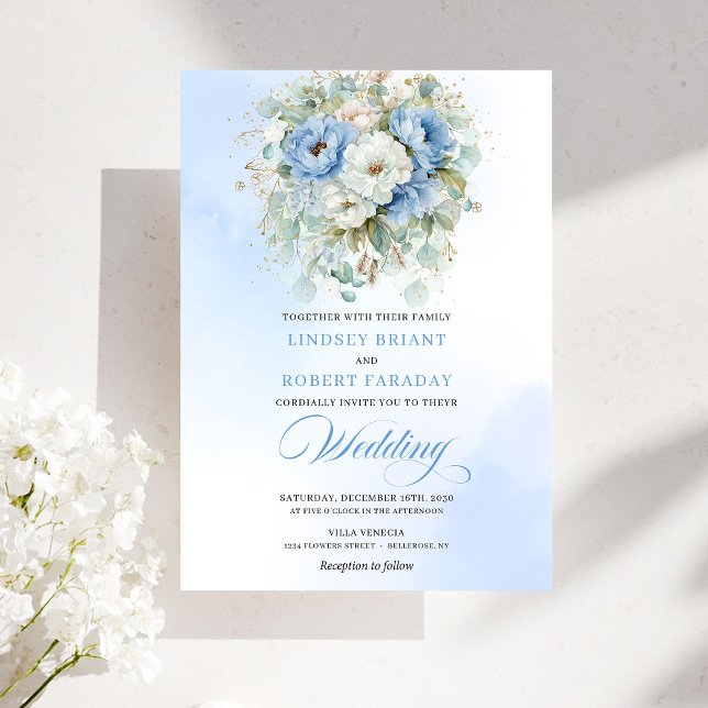 Bohemian Dusty Blue White Peony Wedding Invitation Inbjudningar (Bohemian Dusty Blue White Peony Wedding Invitation)