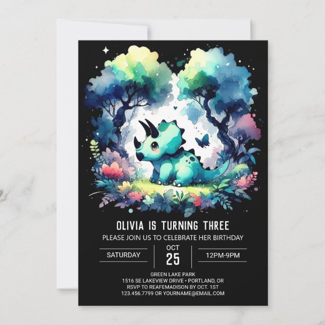 Bohemian Editable Triceratops Birthday Inbjudningar (Framsida)