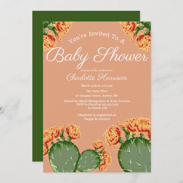 Bohemian Elegant Cactus Flowers Baby Shower Inbjudningar (Fram/baksida)