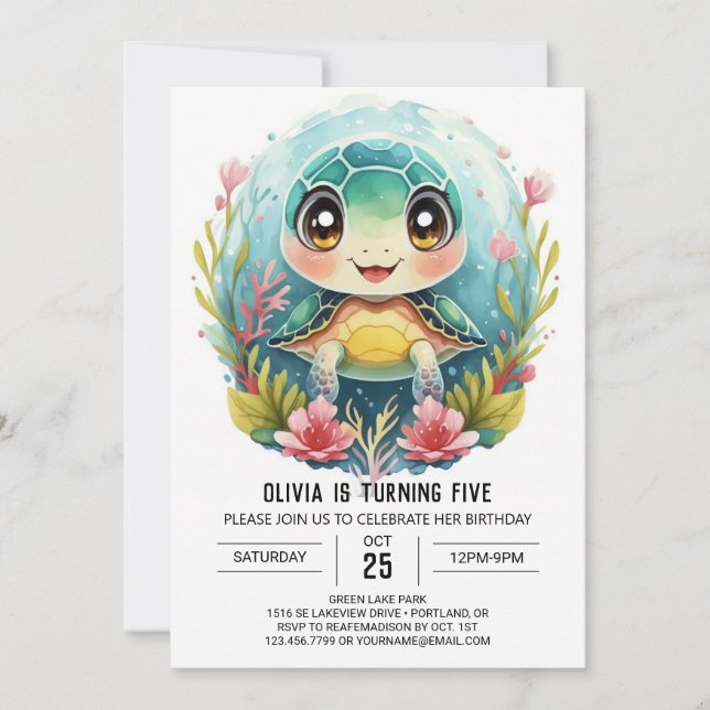 Bohemian Elegant Turtle Girl Birthday Inbjudningar (Framsida)
