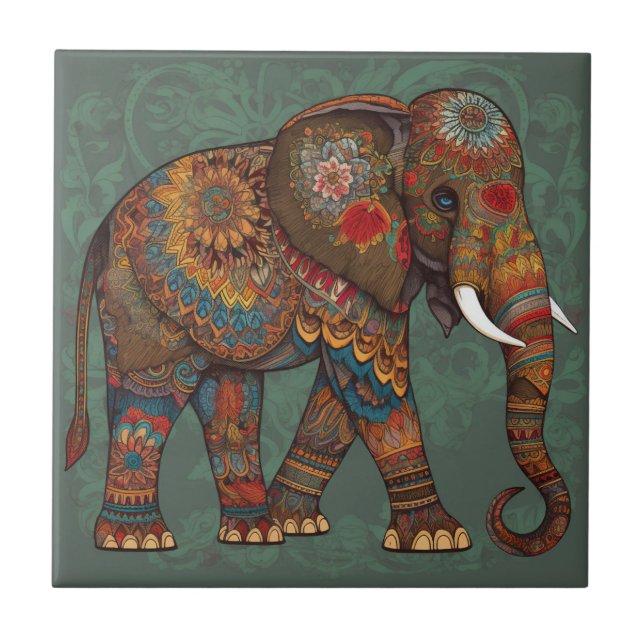 Bohemian Elephant med Decorative Art Ceramic Tile Kakelplatta (Framsidan)