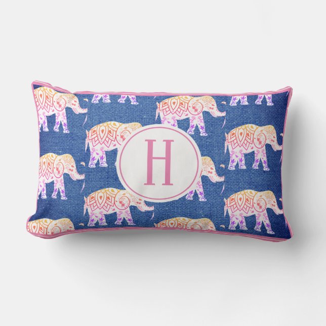 Bohemian Elephants & Faux Blue Burlap Lumbarkudde (Framsida)