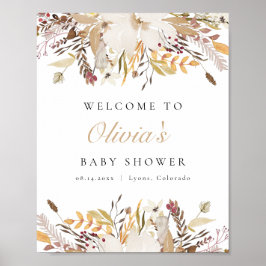 Bohemian Fall Beige Blommigt Baby Shower Välkommen Poster