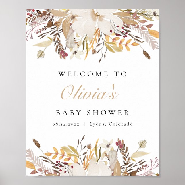 Bohemian Fall Beige Blommigt Baby Shower Välkommen Poster (Framsidan)
