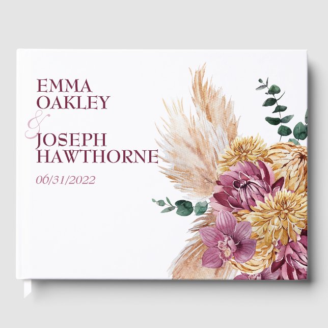 Bohemian Fall Burgundy Blommigt Bröllop Gästböcker (Framsida)