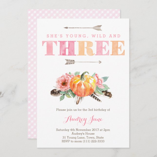 Bohemian Fall Girl 3rd Birthday Party Inbjudningar (Fram/baksida)