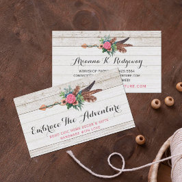 Bohemian Feather Arrow & Ro på Rustic White Wood Visitkort