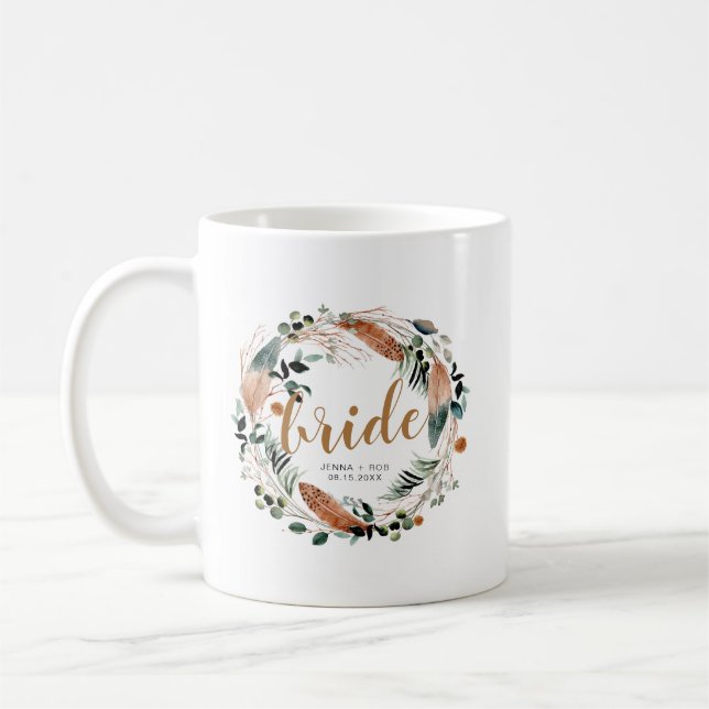Bohemian Feather Greenery Boho Bride Mugg (Vänster)