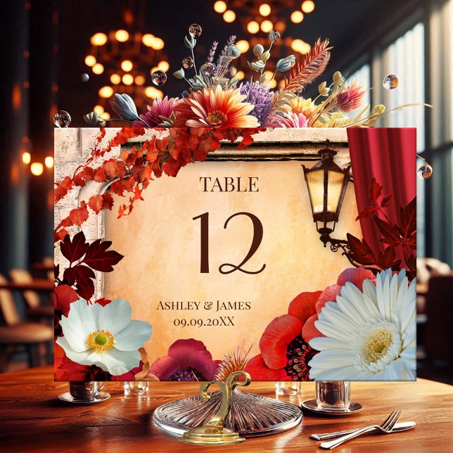 Bohemian Floral Klassiskt Höst Bord Nummerkort Bordsnummer (Table number card featuring a classic Italian design with autumn leaves and flowers on terra cotta)