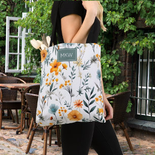 Bohemian Grå, Salvia & Guld Blommig Monogram Tygkasse