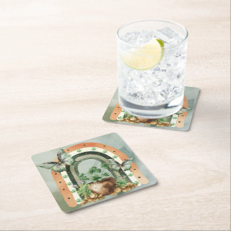 Bohemian Green Watercolor Rainbow Illustration Underlägg Papper Kvadrat