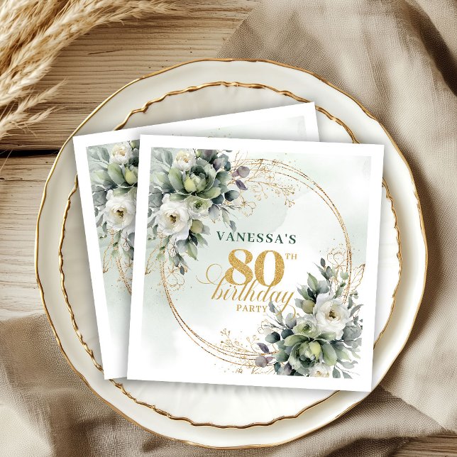 Bohemian Greenery Guld 80-årsfirande Servetter (Bohemian Greenery Gold 80th Birthday Party Napkins)