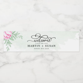 Bohemian Greenery Rosa Flowers Guld Modern Bröllop Vattenflaskor Etikett