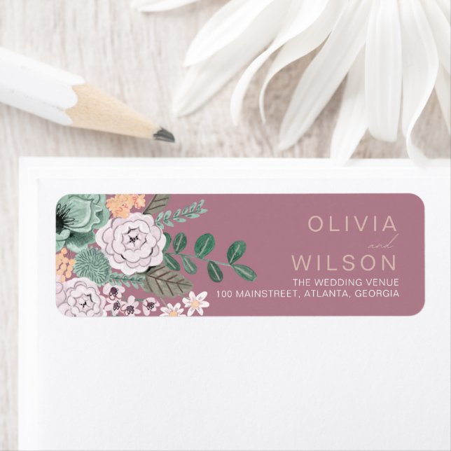 Bohemian Grönt & Mauve Chic Blommigt Flowers Returadress Etikett (Insitu)