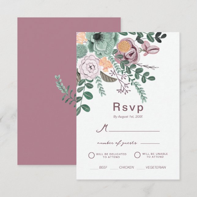 Bohemian Grönt & Mauve Chic Blommigt Flowers svar Inbjudningar (Fram/baksida)
