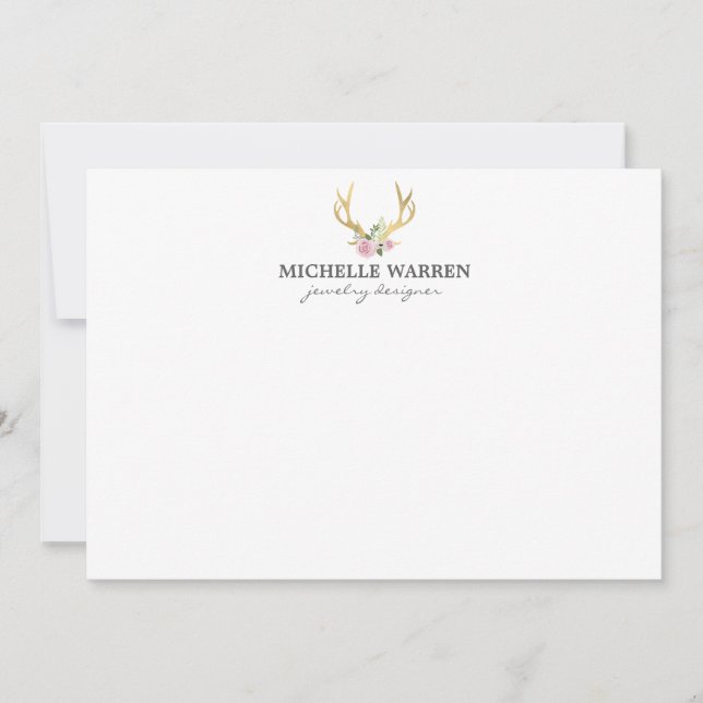 Bohemian Guld Antlers med Flowers Flat Notecard Anteckningskort (Framsida)