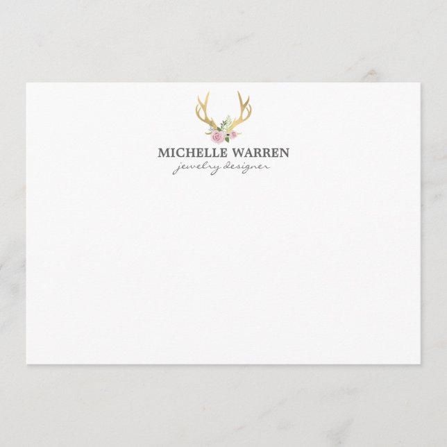 Bohemian Guld Antlers med Flowers Flat Notecard Anteckningskort (Framsida)