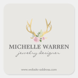 Bohemian Guld Antlers with Flowers II Personlized Fyrkantigt Klistermärke