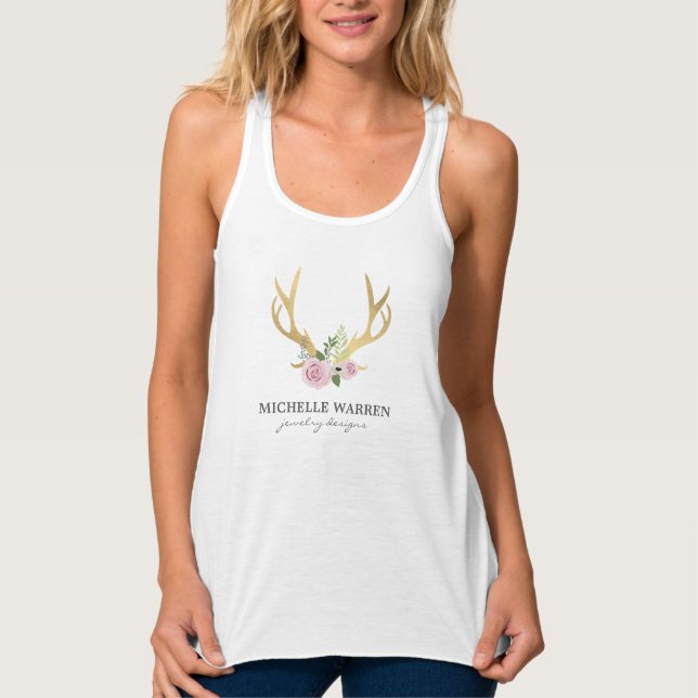 Bohemian Guld Antlers with Flowers Personlig Linne Med Racerback (Framsida)