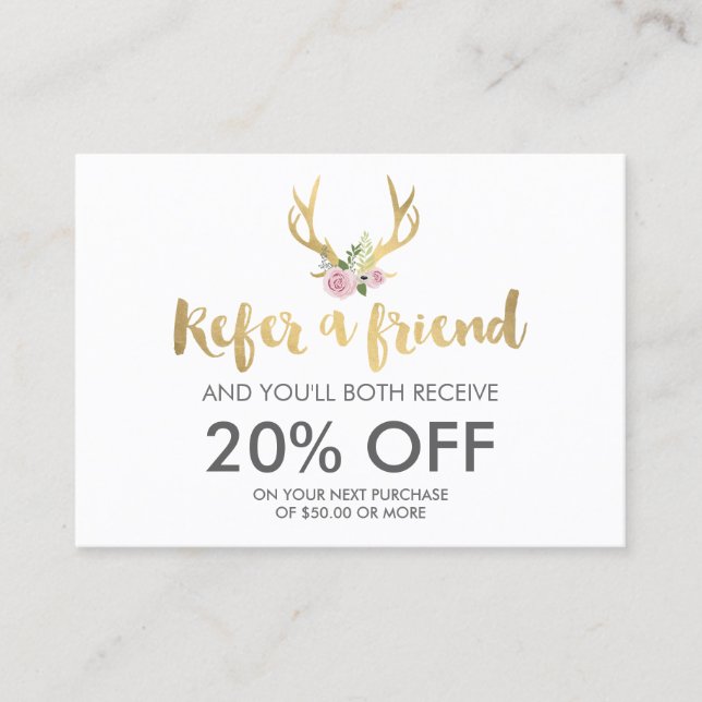 Bohemian Guld Antlers with Flowers ReferrCard Rabattkort (Framsida)