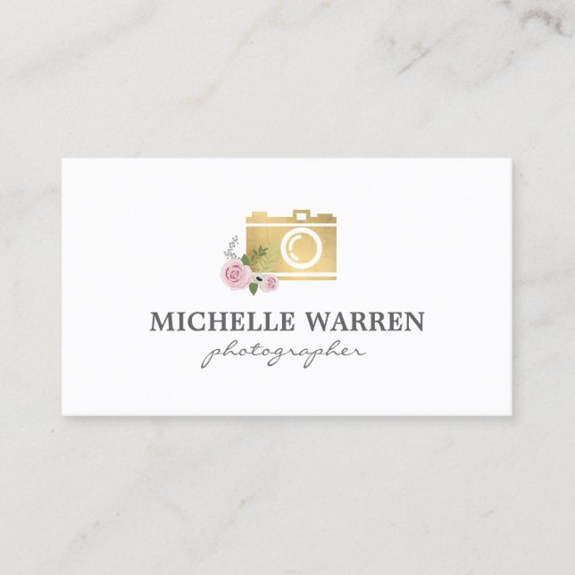 Bohemian Guld Camera Flowers Photographer Visitkort (Framsida)