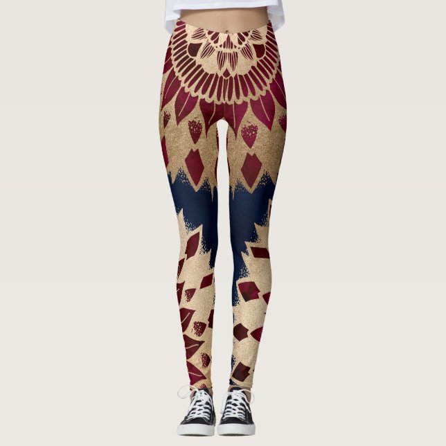 Bohemian Guld flottan Burgundy Hand plockade Manda Leggings (Framsida)