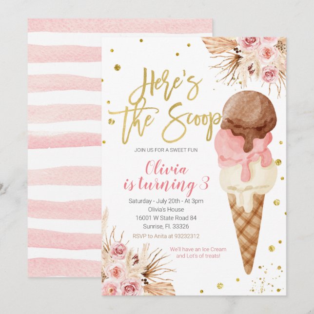 Bohemian Här är scoop Ice Cream Birthday Inbjudningar (Fram/baksida)