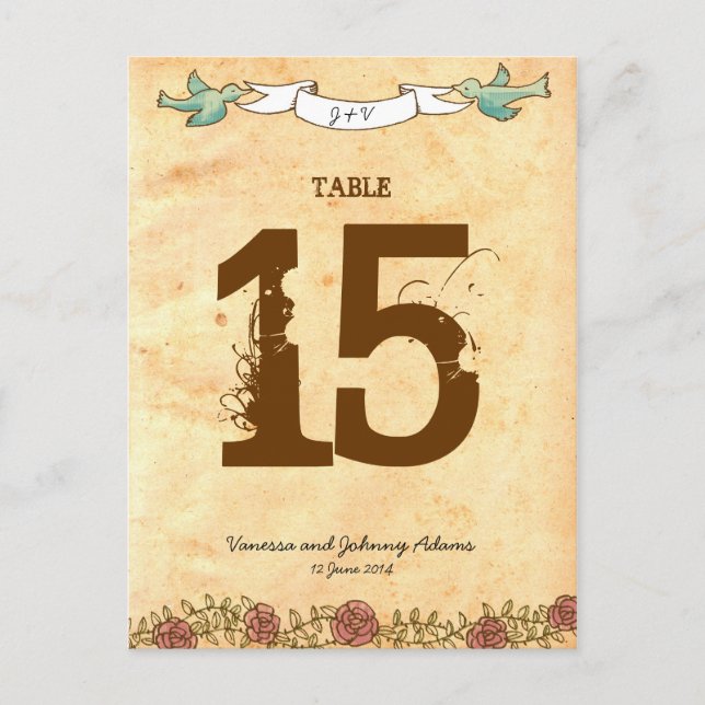 Bohemian Heart, Ro, Birds & Banner Bröllop Vykort (Framsida)