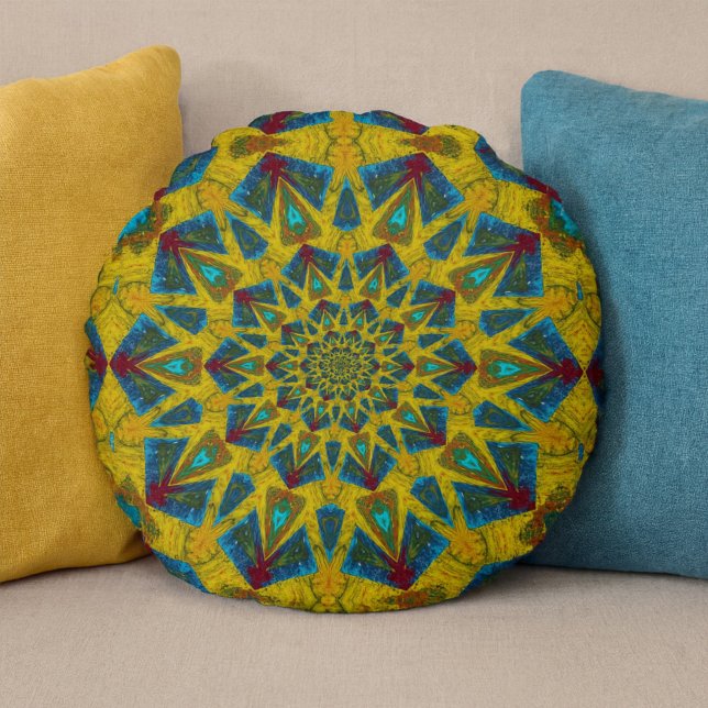 Bohemian Hippie Blue Gult Blommigt Ethnic Tribal Rund Kudde (Skapare uppladdad)