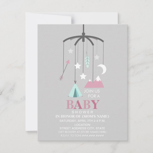 Bohemian Inspired Mobile Girl Modern Baby Shower Inbjudningar (Framsida)