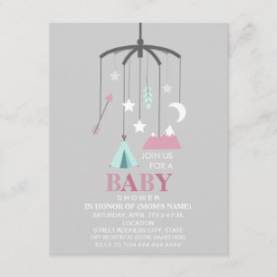 Bohemian Inspired Mobile Girl Modern Baby Shower Inbjudningar