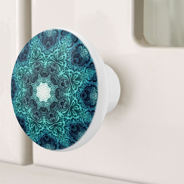 Bohemian Mandala Blommönster Turkvoise Teal Knopp (Bohemian Mandala Floral Pattern Turquoise Teal Ceramic Knob)