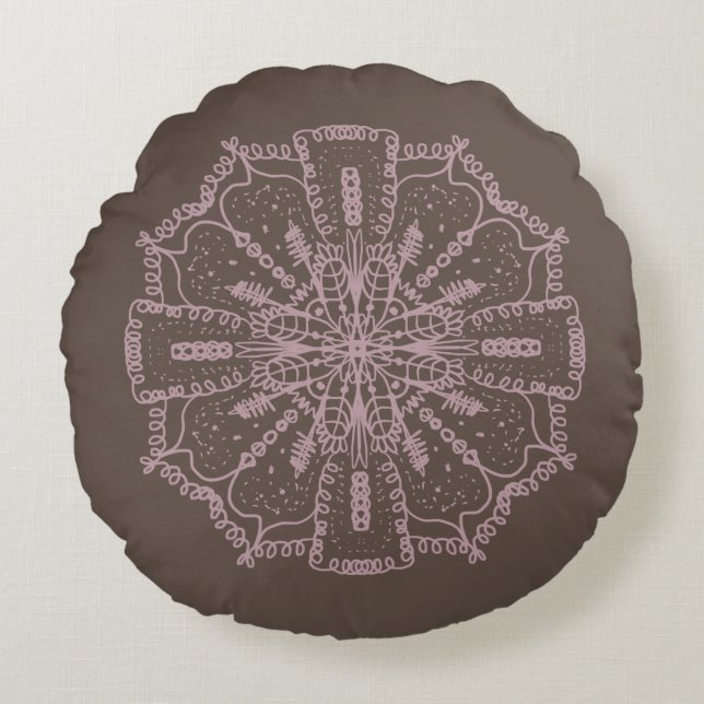 Bohemian Mandala Hand plockade Brown och  Rosa Rund Kudde (Framsidan)
