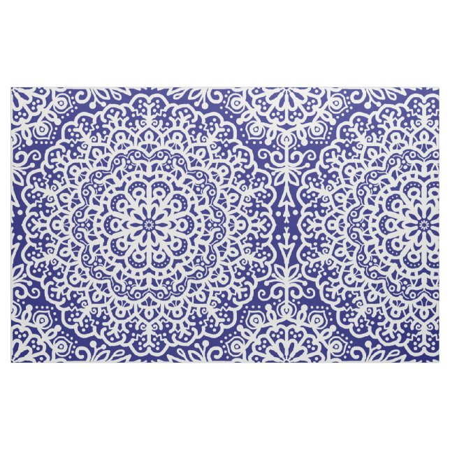 Bohemian Mandala White Snöre på Blue Jewel Tone Tyg (Fat Quarter)