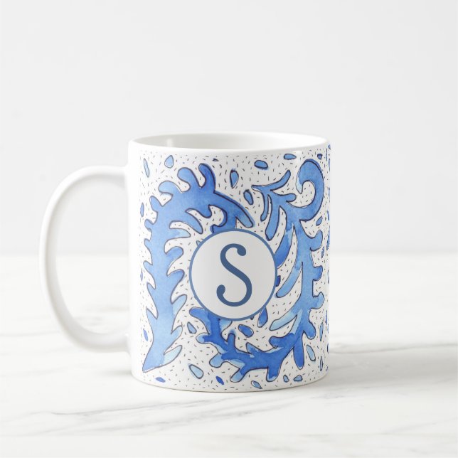 Bohemian Monogrammed Blue & White Personlig mugg (Vänster)