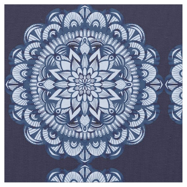 Bohemian Navy Blue Tie Dye Mandala Tyg (Närbild)