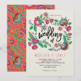 Bohemian Orange Folk Flowers Boho Chic Bröllop Inbjudningar