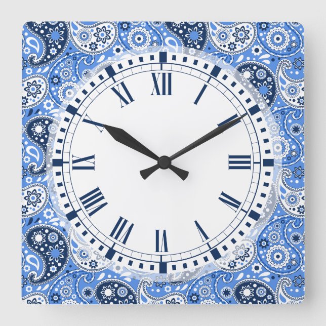 Bohemian Paisley Blue Land Farm Stil Fyrkantig Klocka (Framsida)