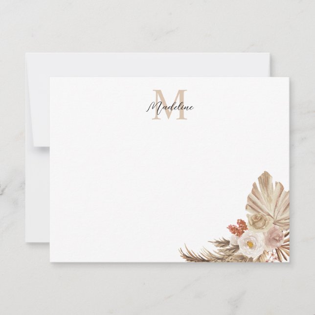 Bohemian Pampas Grass Script Monogram Anteckningskort (Framsida)