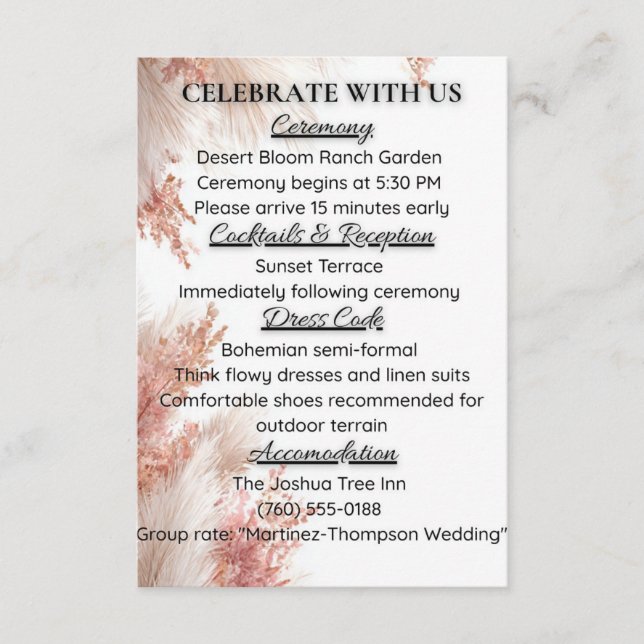 Bohemian pampas grass wedding details card tilläggskort (Framsida)