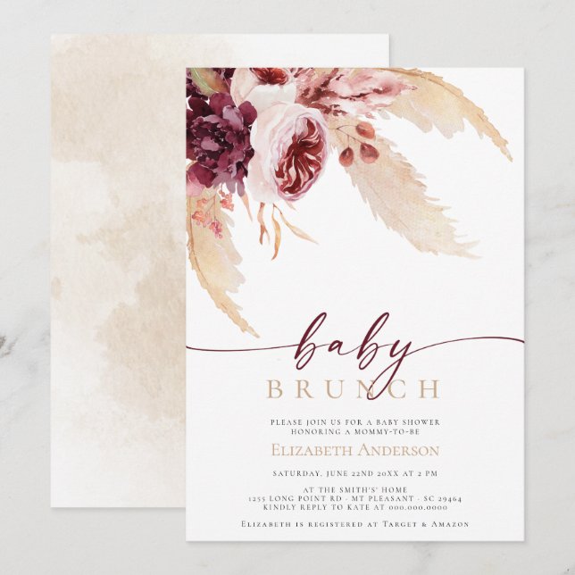 Bohemian Pampas Tropical Grass Baby Shower Brunch Inbjudningar (Fram/baksida)