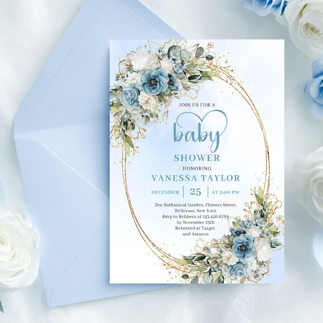 Bohemian Pastel Blue Floral Greenery Baby Shower  Inbjudningar (Bohemian Pastel Blue Floral Greenery Baby Shower Invite)