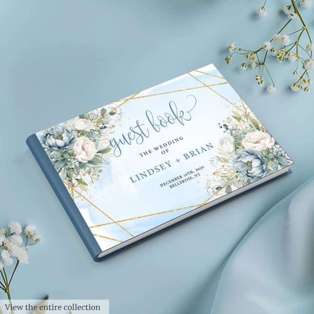 Bohemian Pastel Blue White Guld Peonies Guest Bok (Bohemian Pastel Blue White Gold Peonies Guest Book)