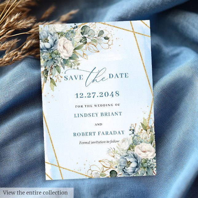 Bohemian Pastel Blue White Guld Peonies Spara Date Inbjudningar (Bohemian Pastel Blue White Gold Peonies Save The Date)