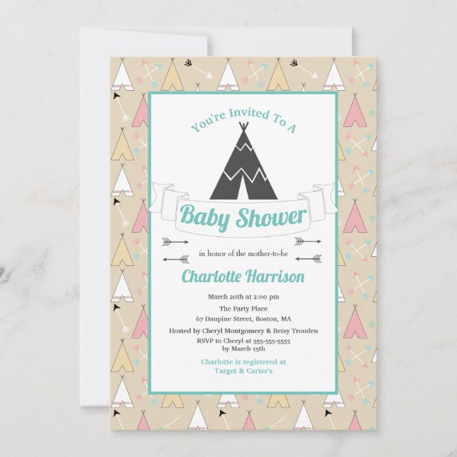 Bohemian Pastel Teepees & Arrows Baby Shower Inbjudningar (Framsida)